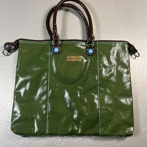 Urban Junket Tote Bag Womens Green Brown Handles Blue Lining Laptop Shoulder